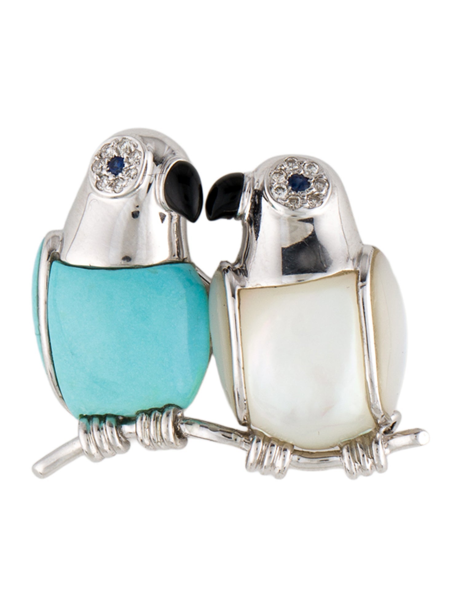 Brooch 18K Mother of Pearl, Diamond & Multistone Love Birds