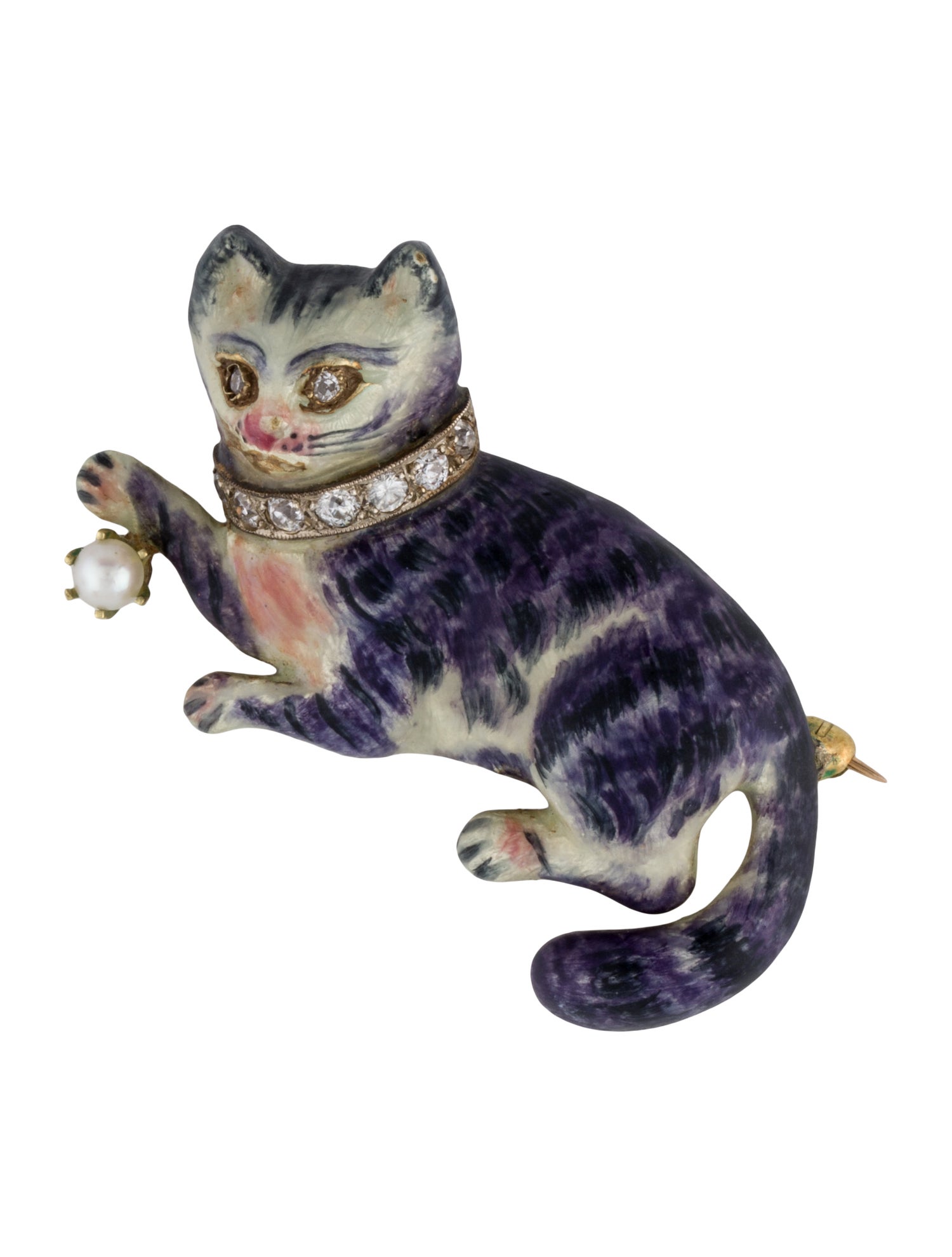 Brooch 14K Pearl, Diamond & Enamel Cat
