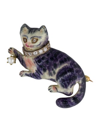 Brooch 14K Pearl, Diamond & Enamel Cat Brooch