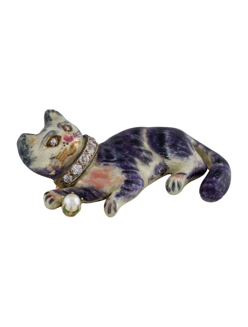 Brooch 14K Pearl, Diamond & Enamel Cat Brooch