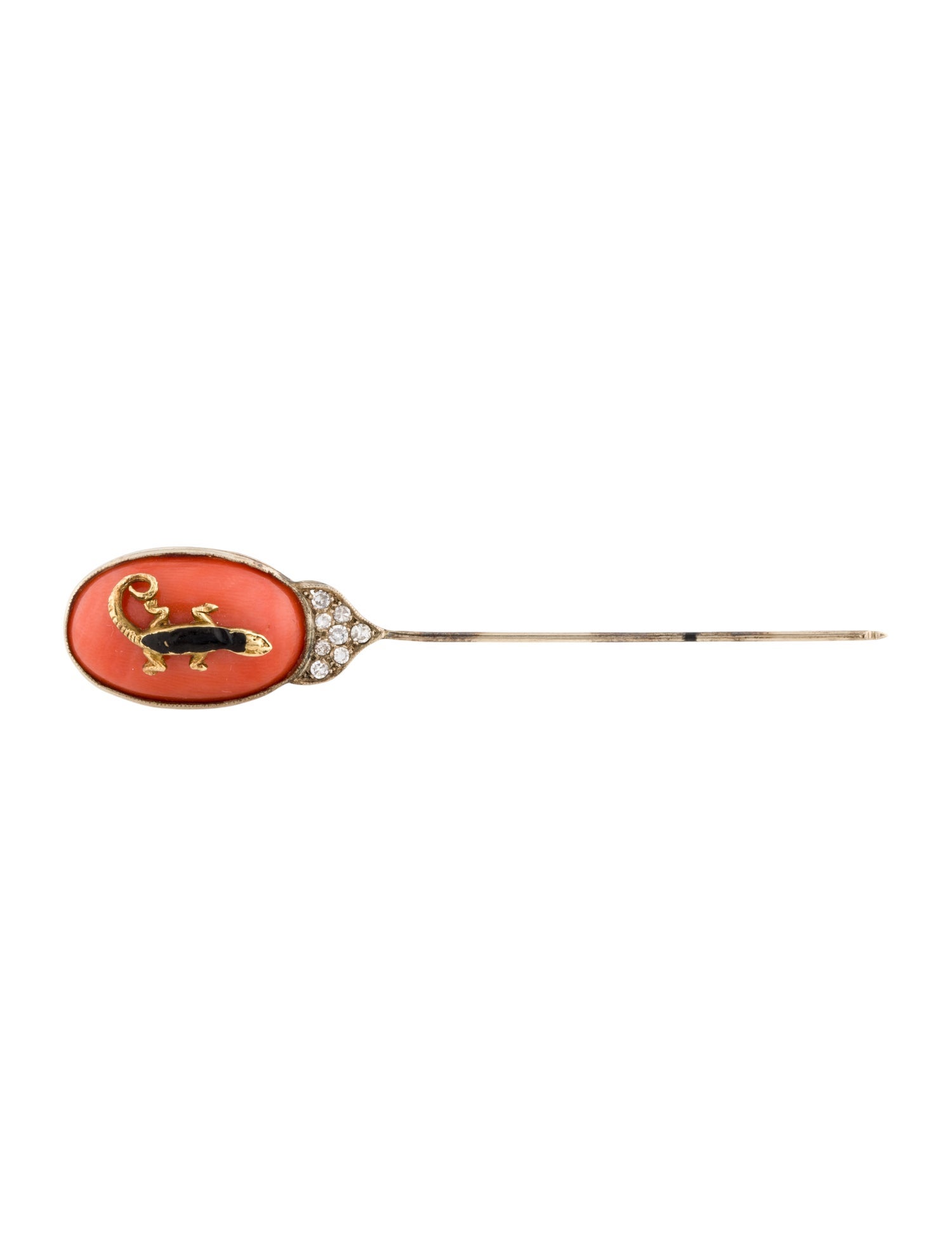 Brooch 18K Coral, Diamond & Enamel Lizard Stick Pin