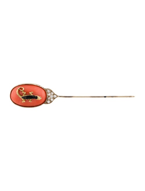 Brooch 18K Coral, Diamond & Enamel Lizard Stick Pin