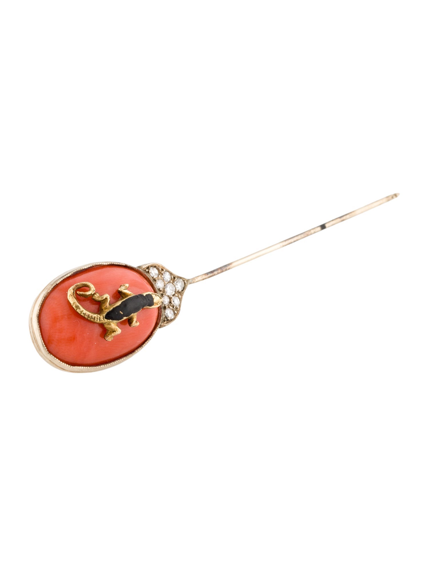 Brooch 18K Coral, Diamond & Enamel Lizard Stick Pin