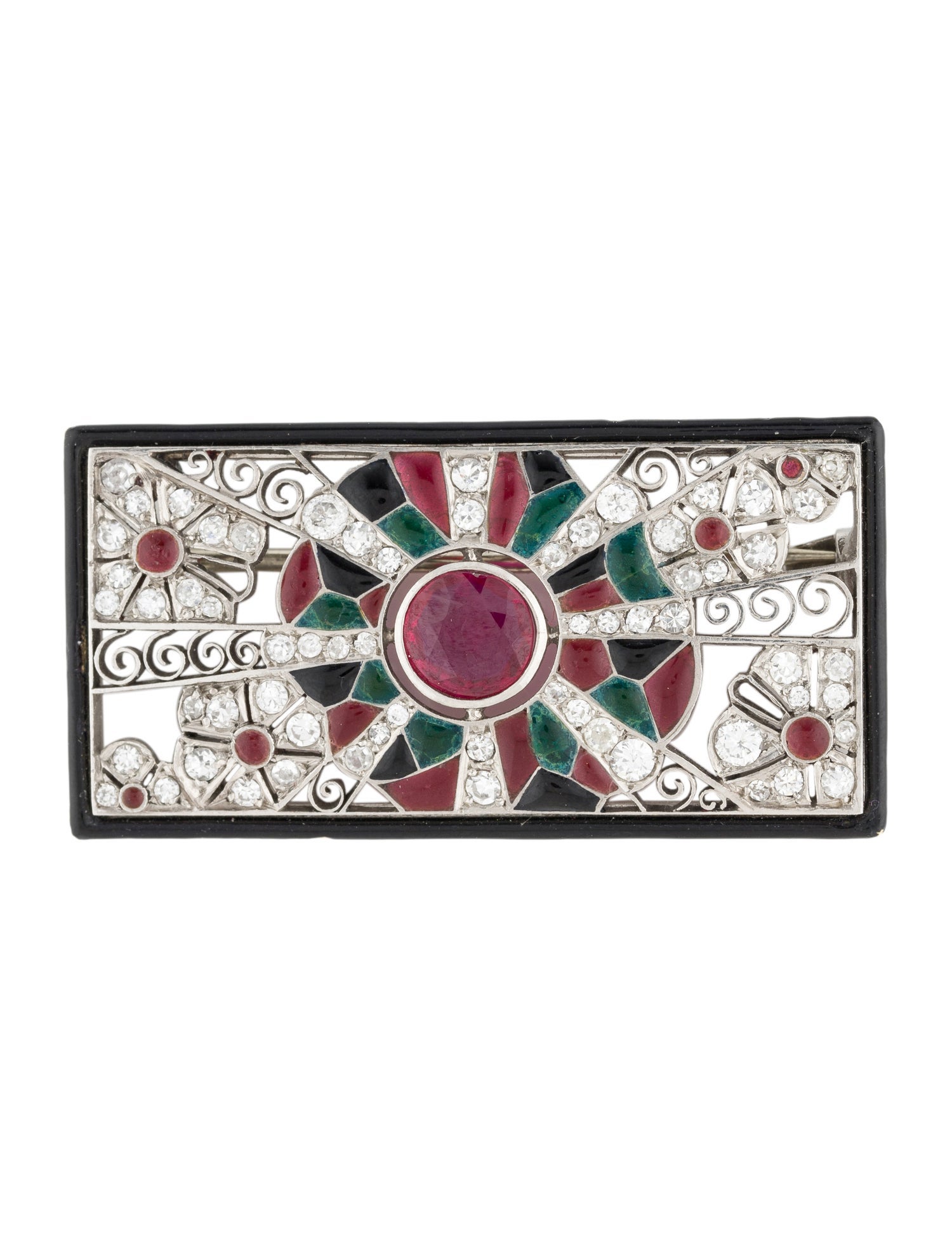 Brooch Art Deco Platinum Ruby, Diamond, & Enamel Brooch