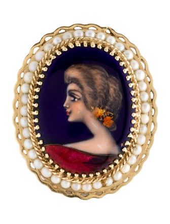 Brooch 14K Pearl & Enamel Portrait Brooch Pendant