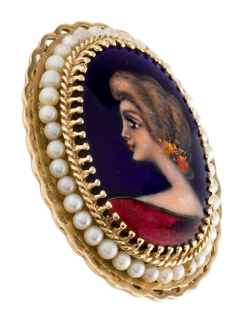 Brooch 14K Pearl & Enamel Portrait Brooch Pendant