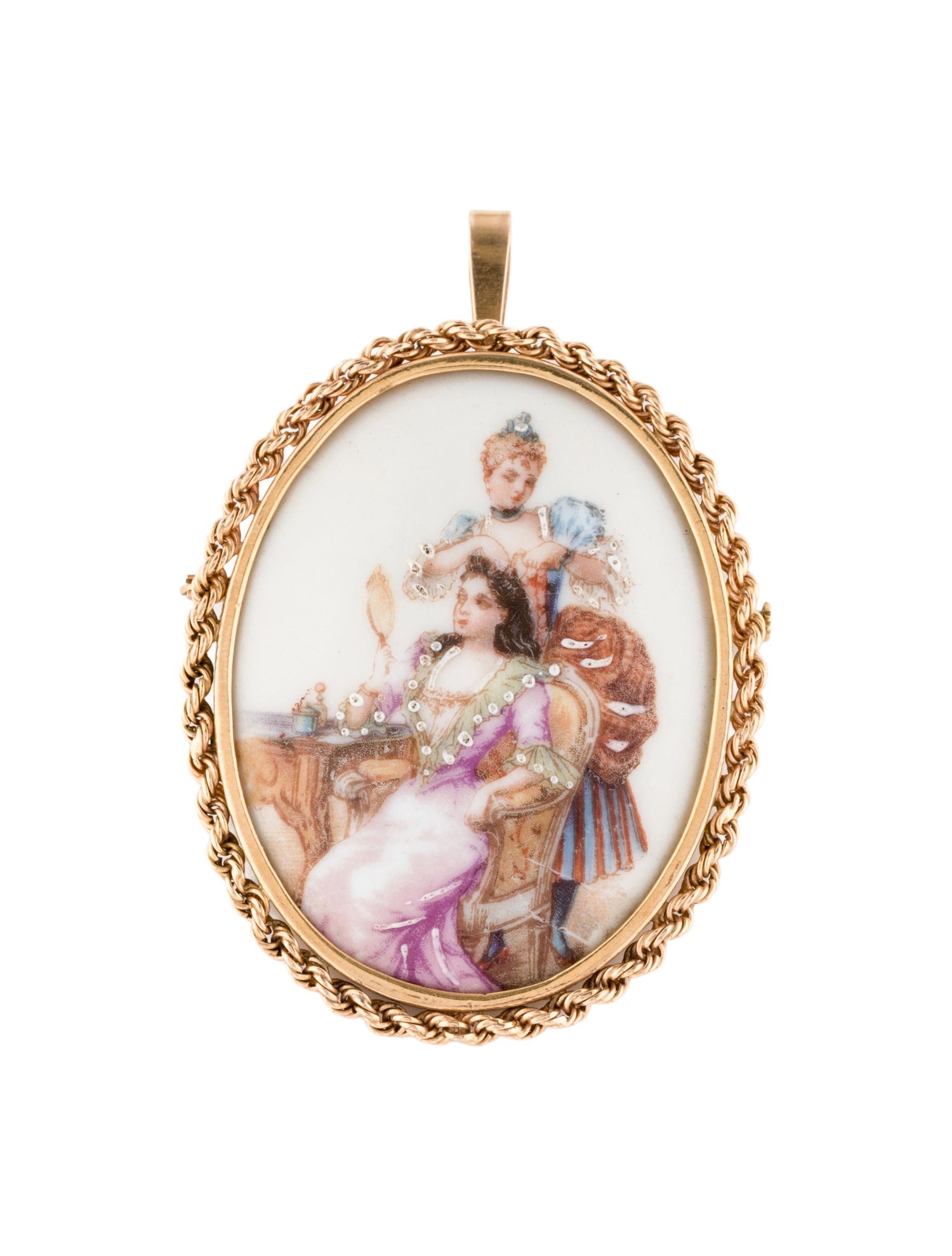 Brooch 14K Porcelain Oval Pendant Brooch