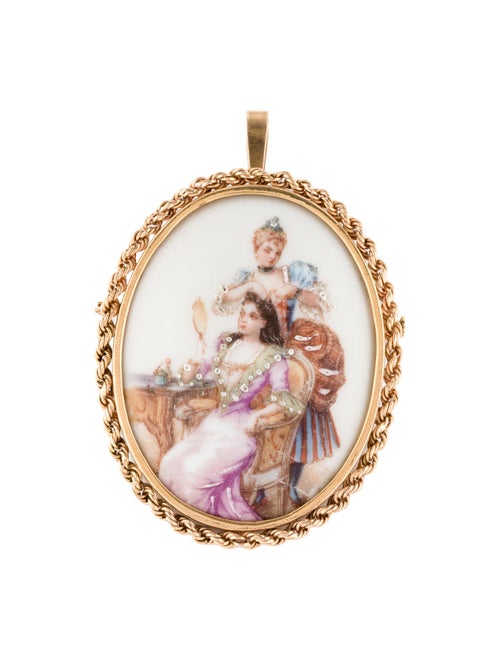 Brooch 14K Porcelain Oval Pendant Brooch