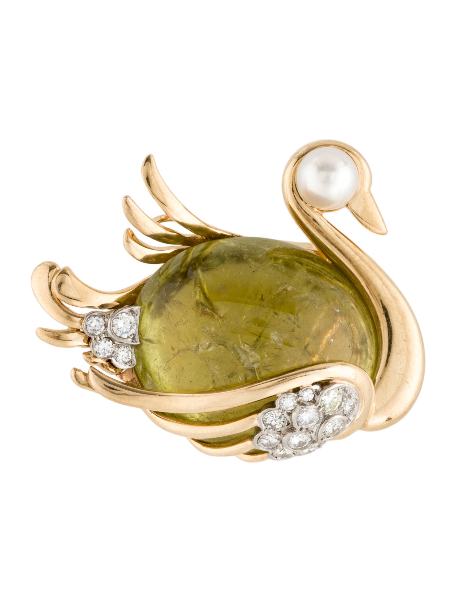 Brooch Mid-Century Pearl, Tourmaline & Diamond Swan Jelly Belly Pendant