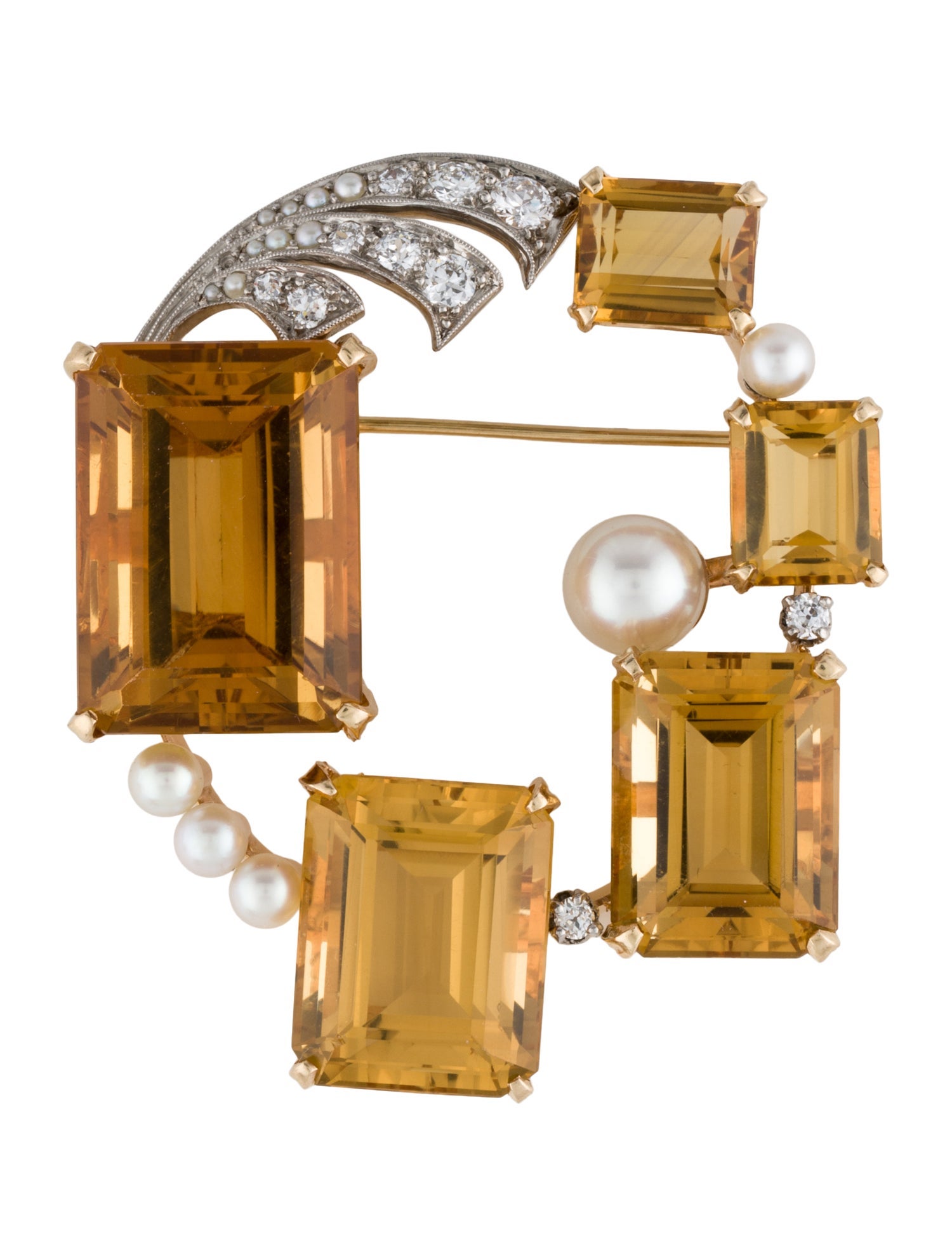 Brooch 14K Pearl, 82.36ct Citrine & Diamond Brooch