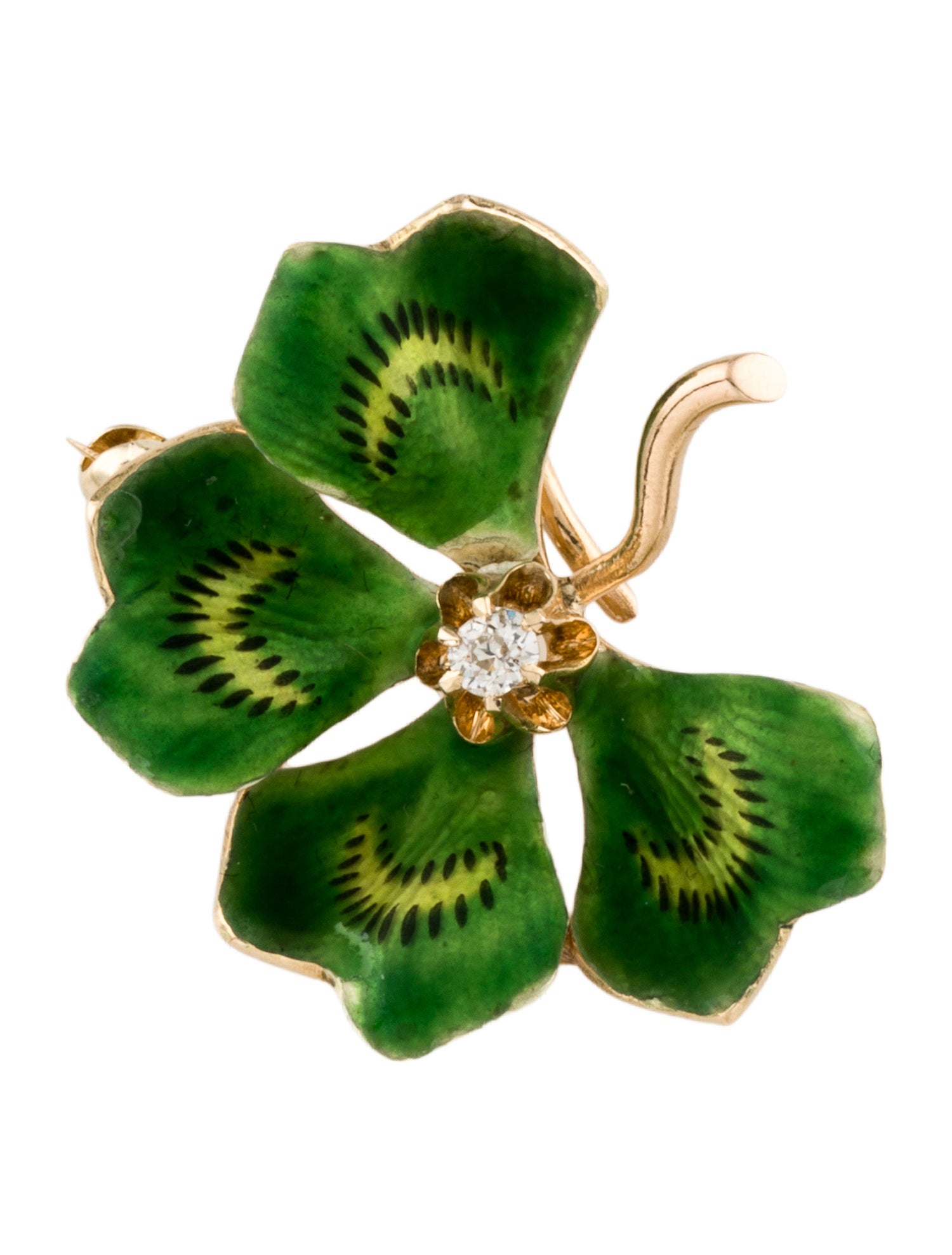 Brooch 14K Enamel & Diamond Lucky Clover