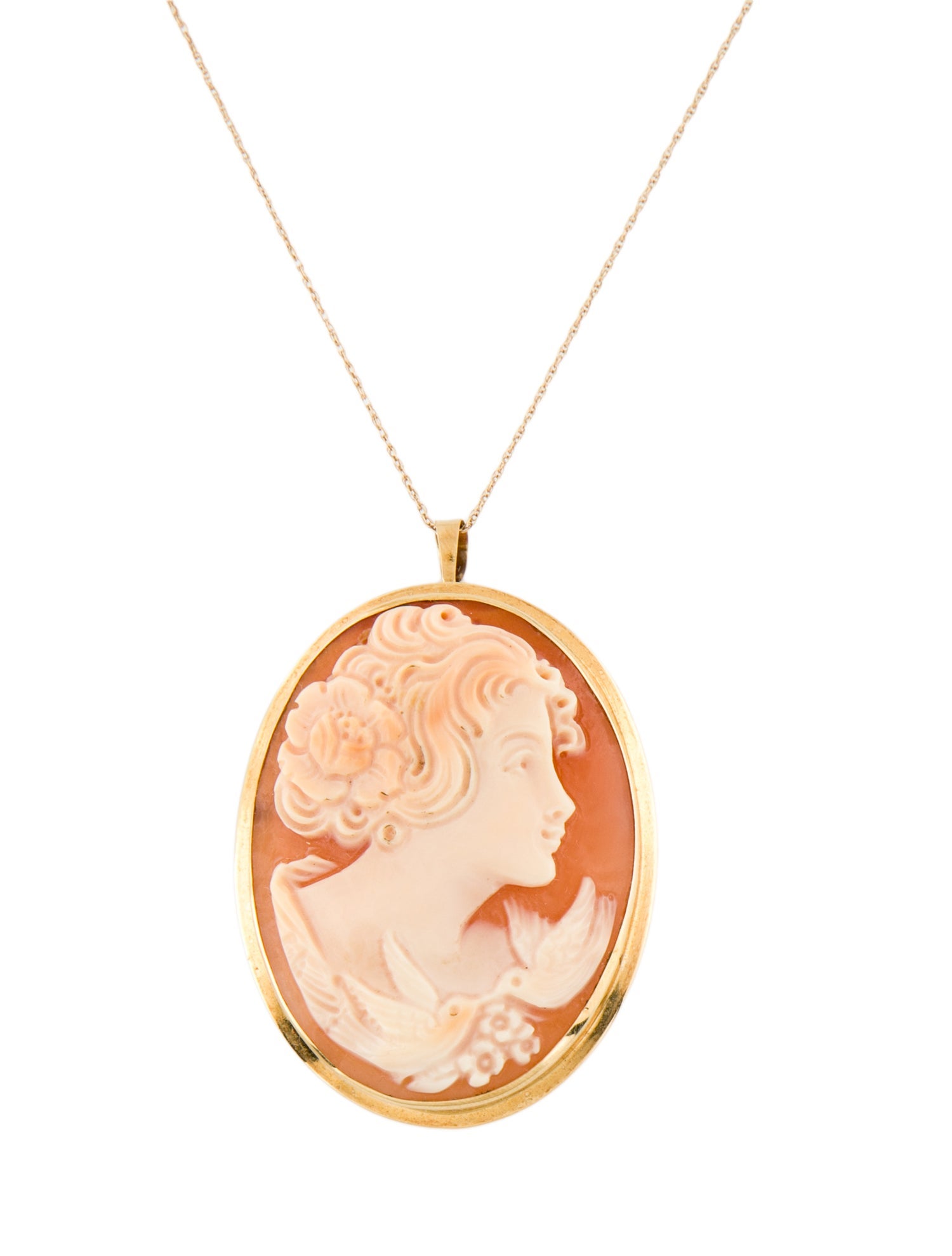 Brooch 18K Shell Cameo Pendant w/ 14K Rope Chain Necklace