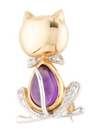 Brooch 14K 1.43ct Amethyst & Diamond Cat Brooch