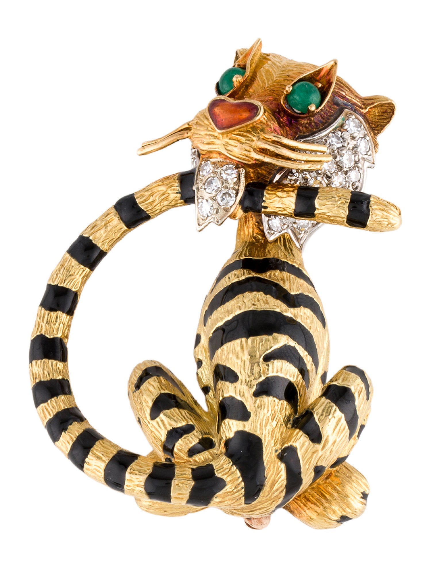 Brooch Vintage 18K Emerald & Diamond Enamel Tiger