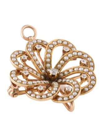 Brooch 14K Pearl & Diamond Floral Brooch Pendant