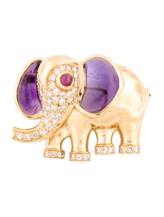 Brooch 18K Amethyst, Ruby & Diamond Elephant Pin Brooch