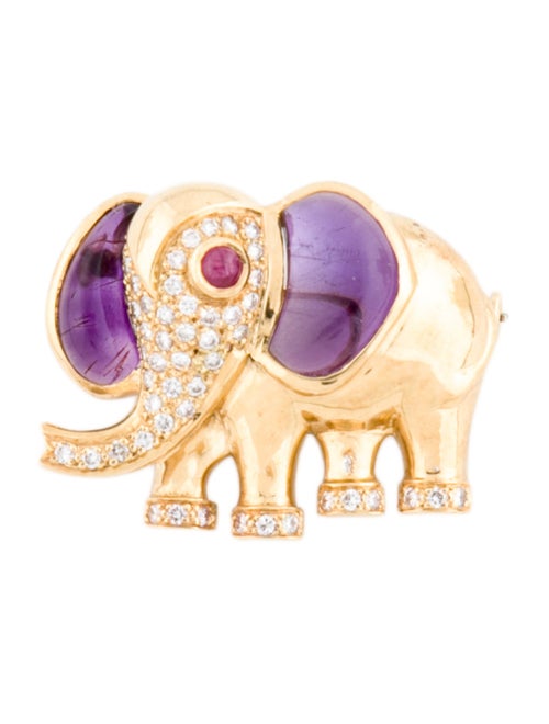 Brooch 18K Amethyst, Ruby & Diamond Elephant Pin Brooch