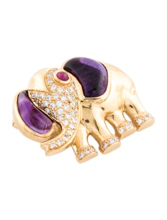 Brooch 18K Amethyst, Ruby & Diamond Elephant Pin Brooch
