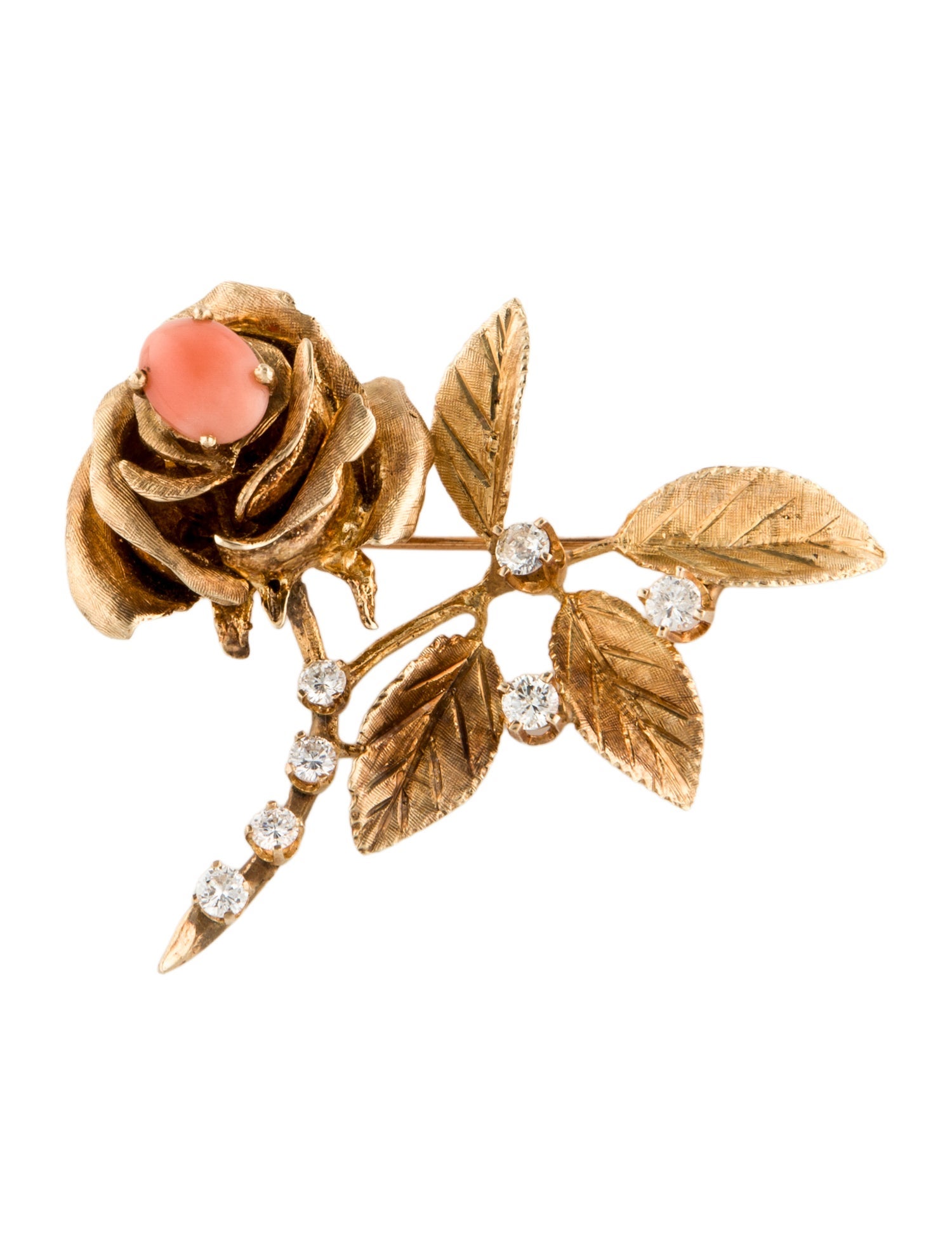 Brooch 14K Coral & Diamond Floral Brooch
