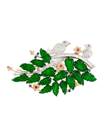 Brooch 18K Multi-Stone & Diamond Bird & Leaf Brooch
