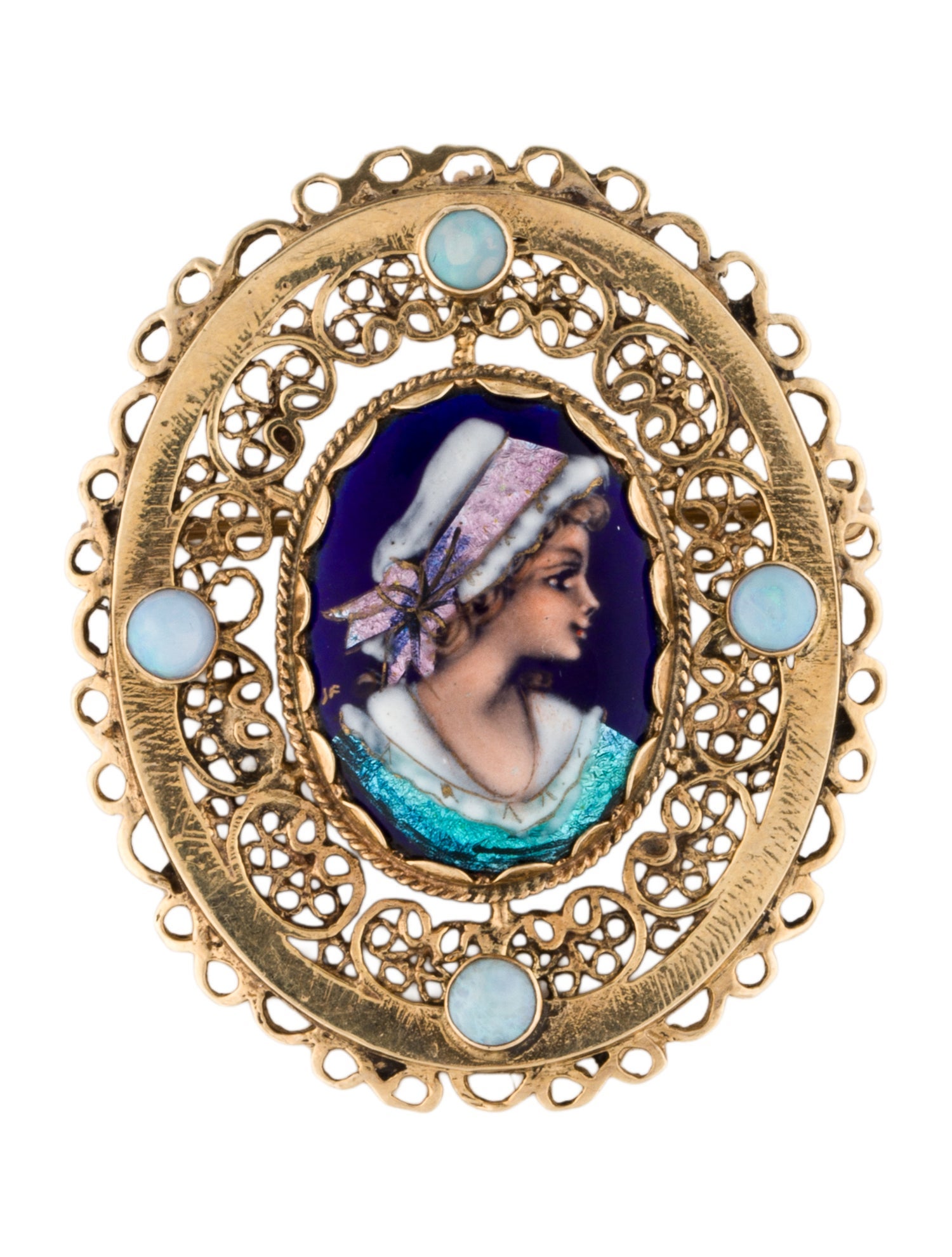 Brooch 14K Opal & Enamel Portrait Pin Brooch