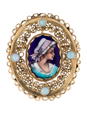 Brooch 14K Opal & Enamel Portrait Pin Brooch
