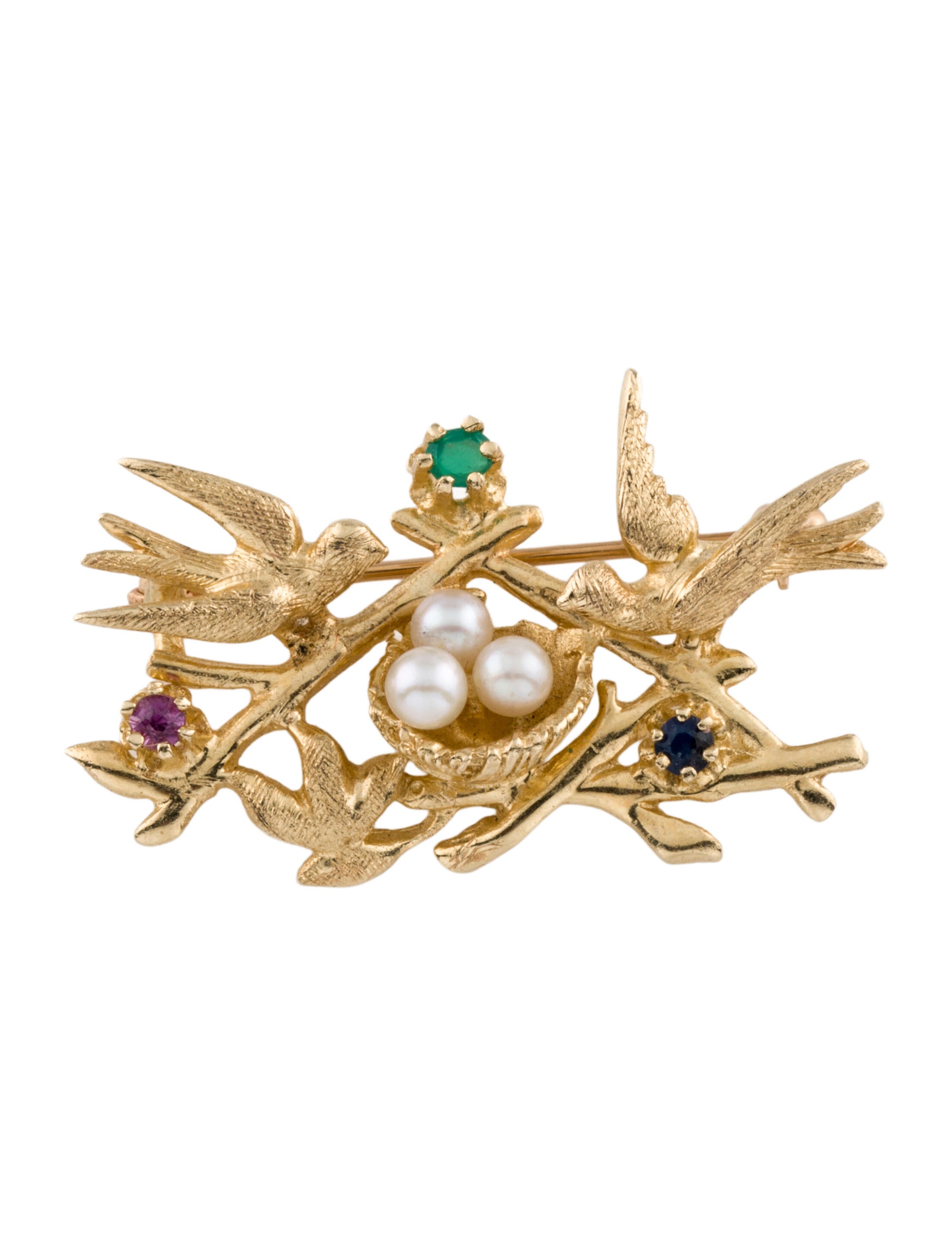 Brooch 14K Pearl, Dyed Chalcedony, Ruby & Sapphire Dove Brooch