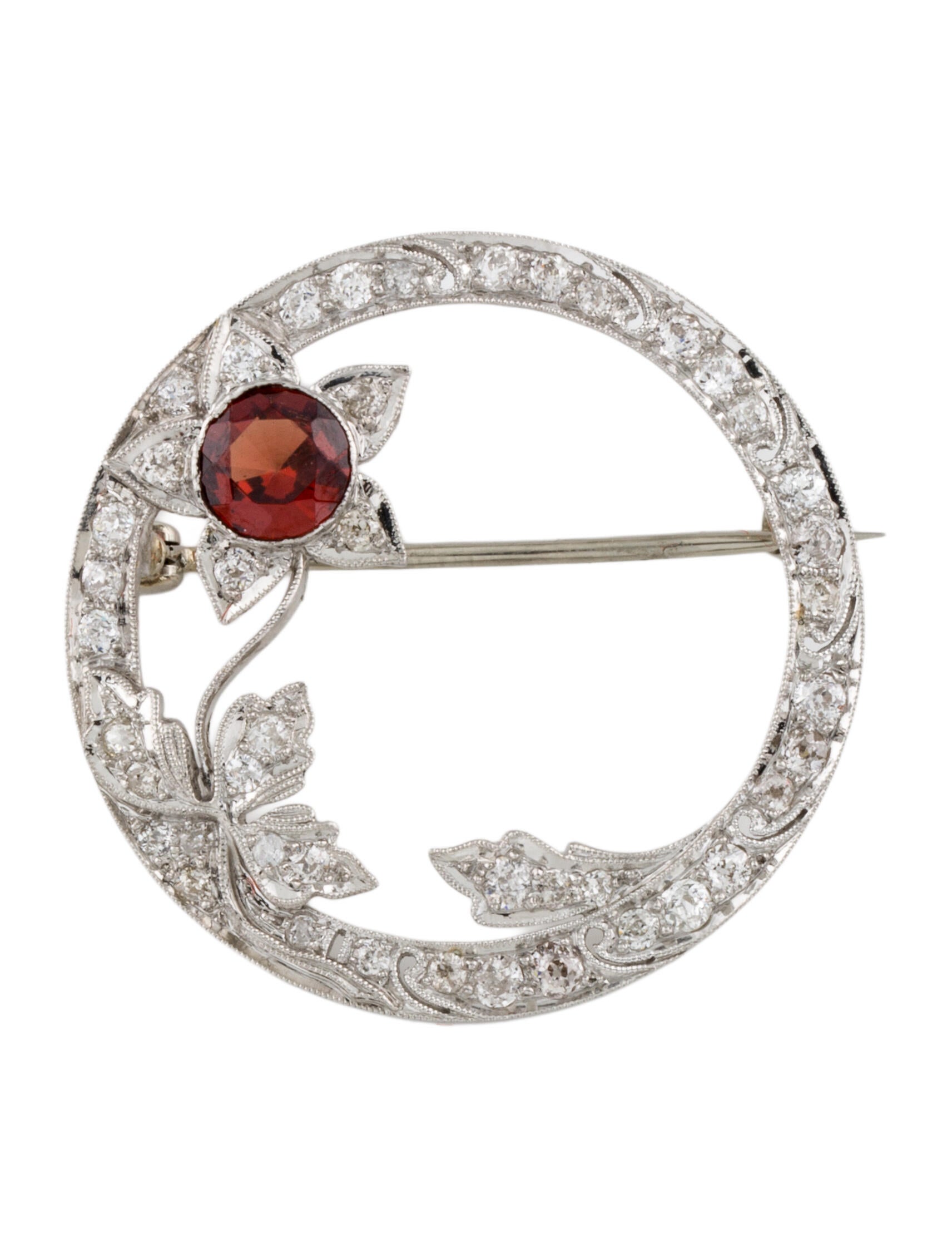 Brooch Vintage Platinum Spessartine Garnet & Diamond Brooch