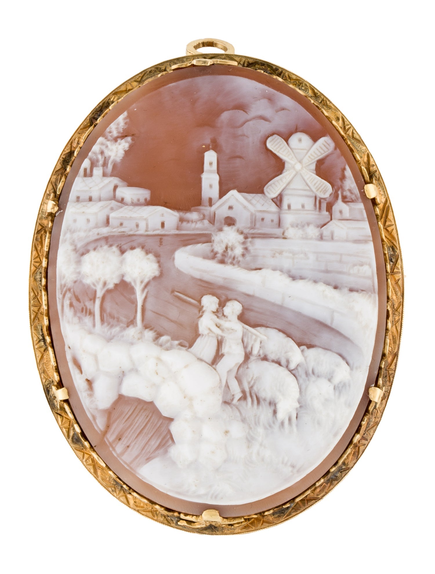 Brooch Vintage 10K Shell Landscape Cameo Large Oval Brooch Pendant