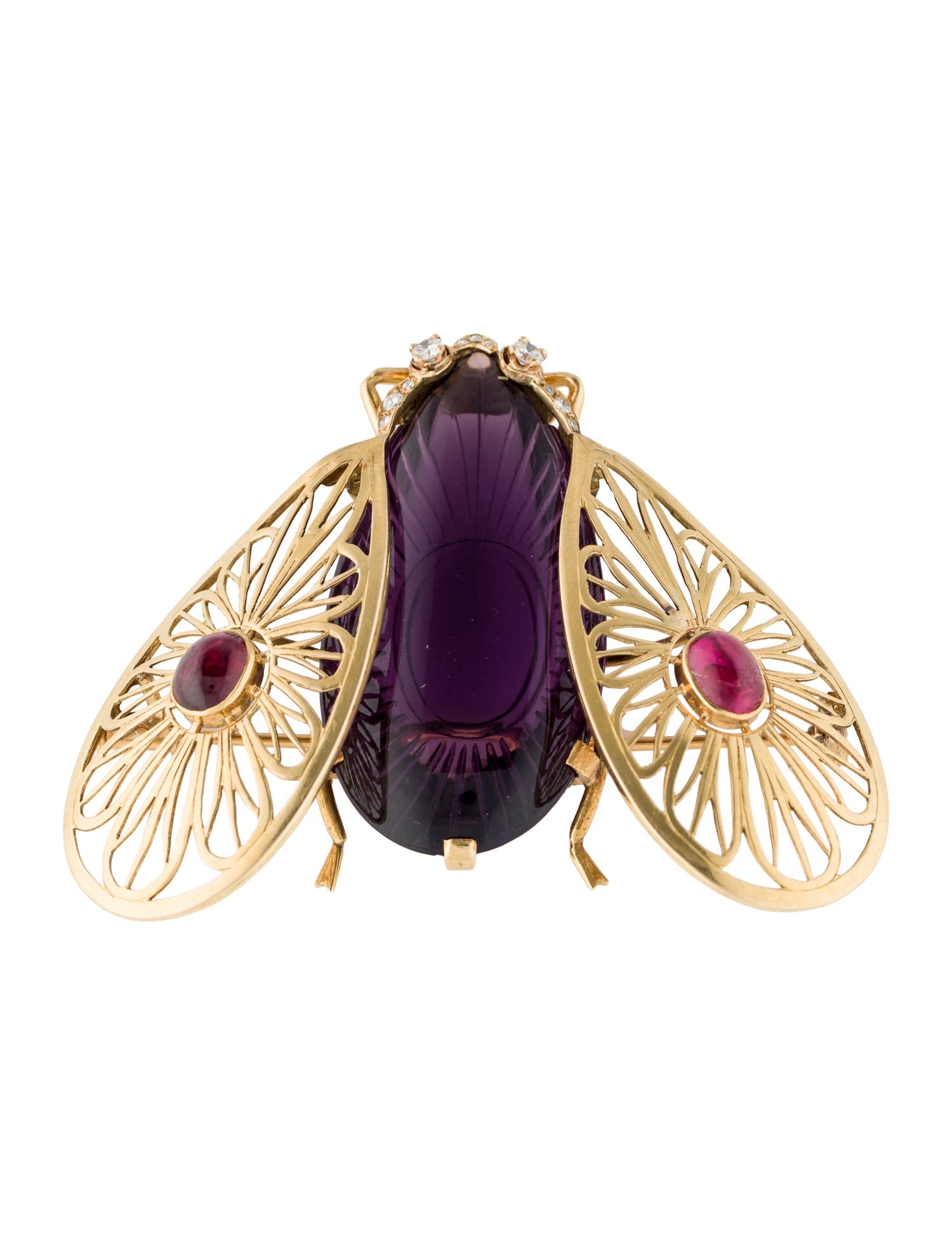 Brooch Vintage 18K Amethyst, Ruby & Diamond Beetle Pin Brooch