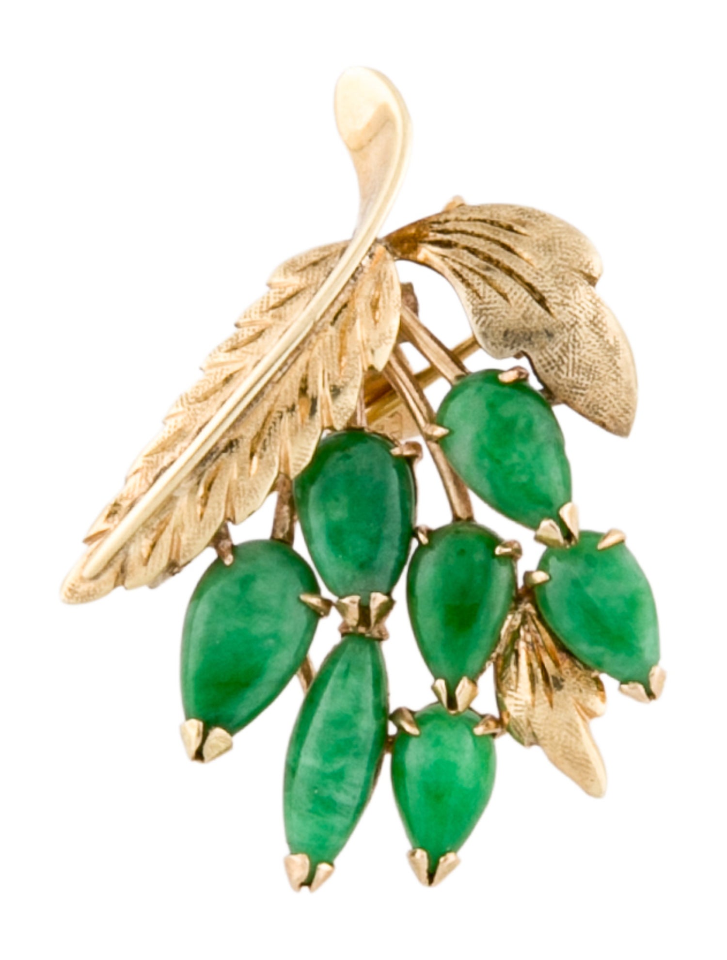 Brooch 14K Dyed Jadeite Leaf Cluster Pin