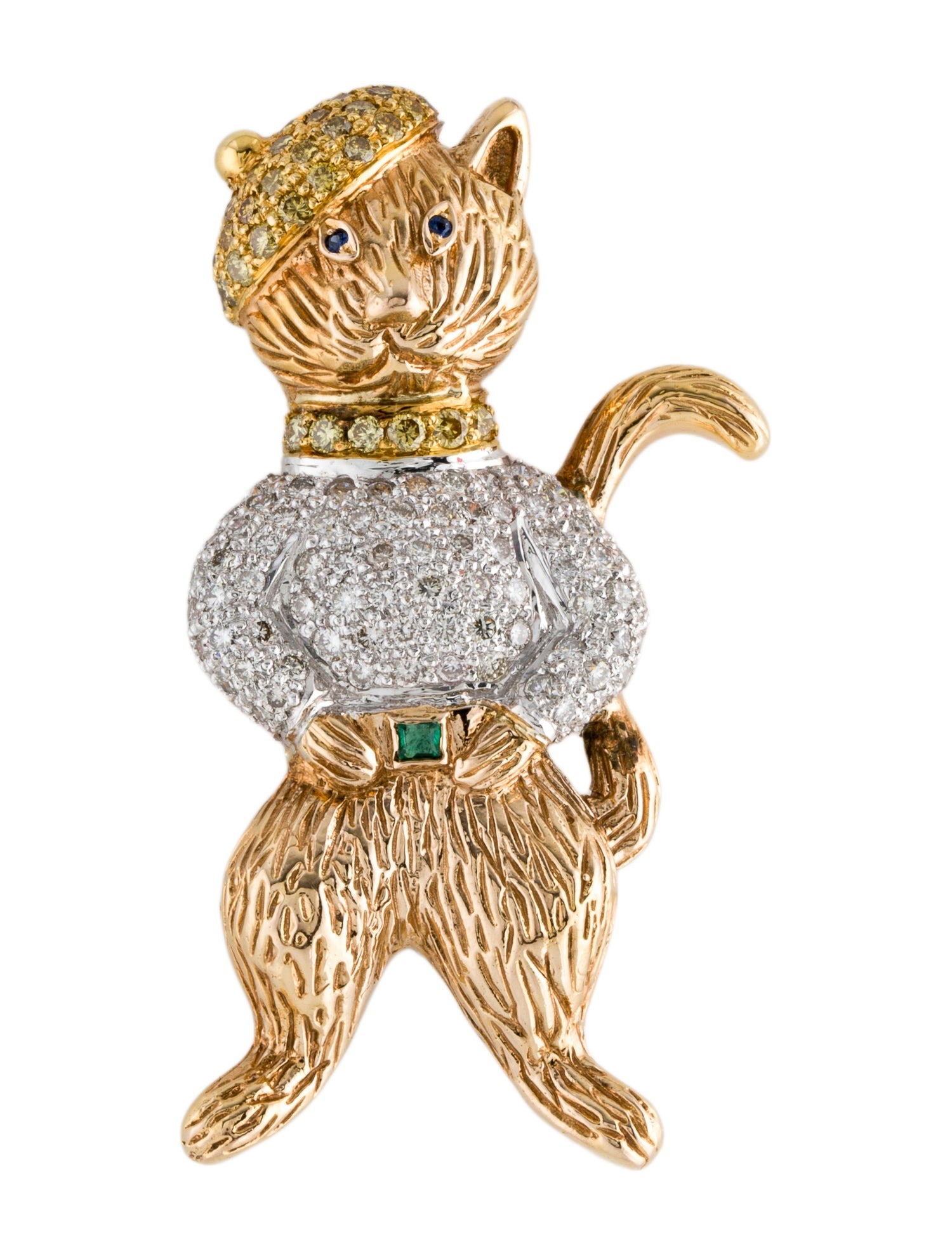 Brooch 18K Emerald, Sapphire & Diamond Cat