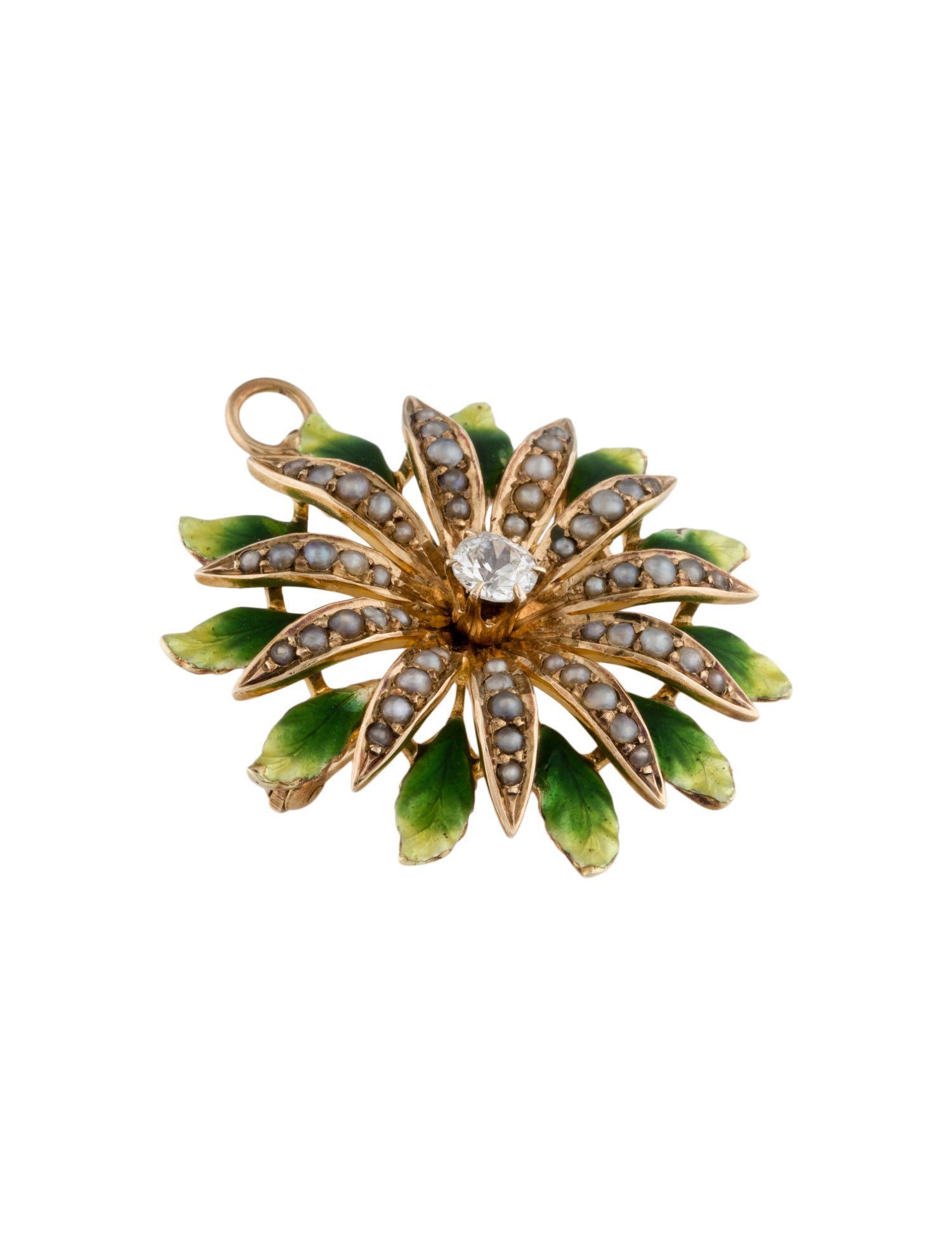 Brooch 14K Pearl, Diamond Enamel Floral Pendant