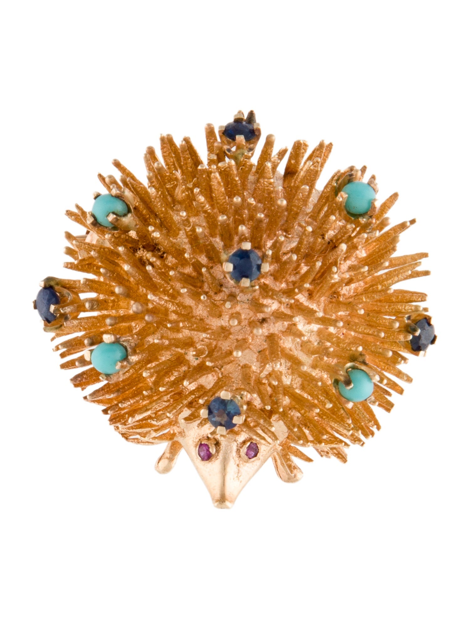 Brooch Vintage 14K Synthetic Sapphire, Synthetic Ruby & Glass Porcupine