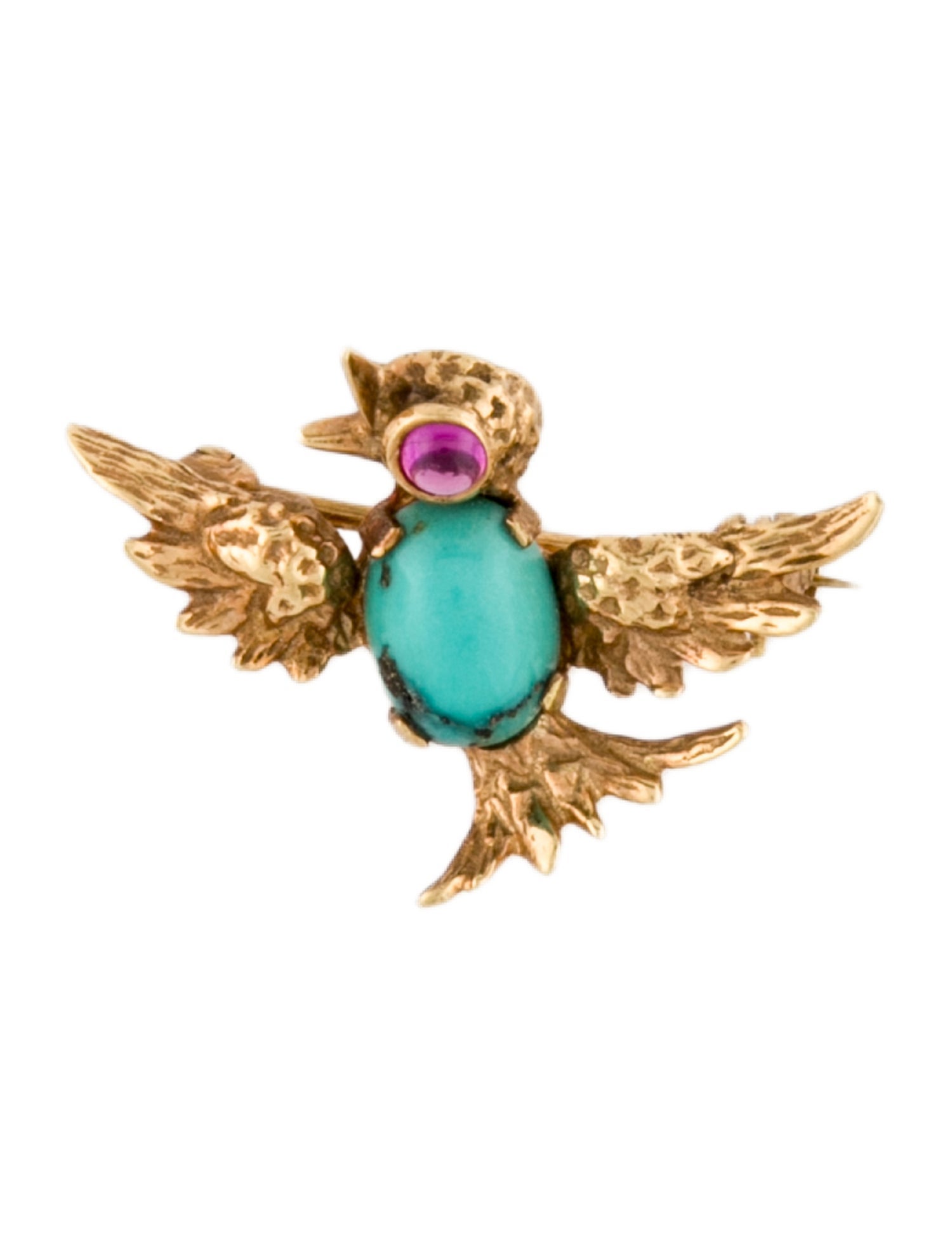 Brooch 18K Turquoise & Synthetic Ruby Bird