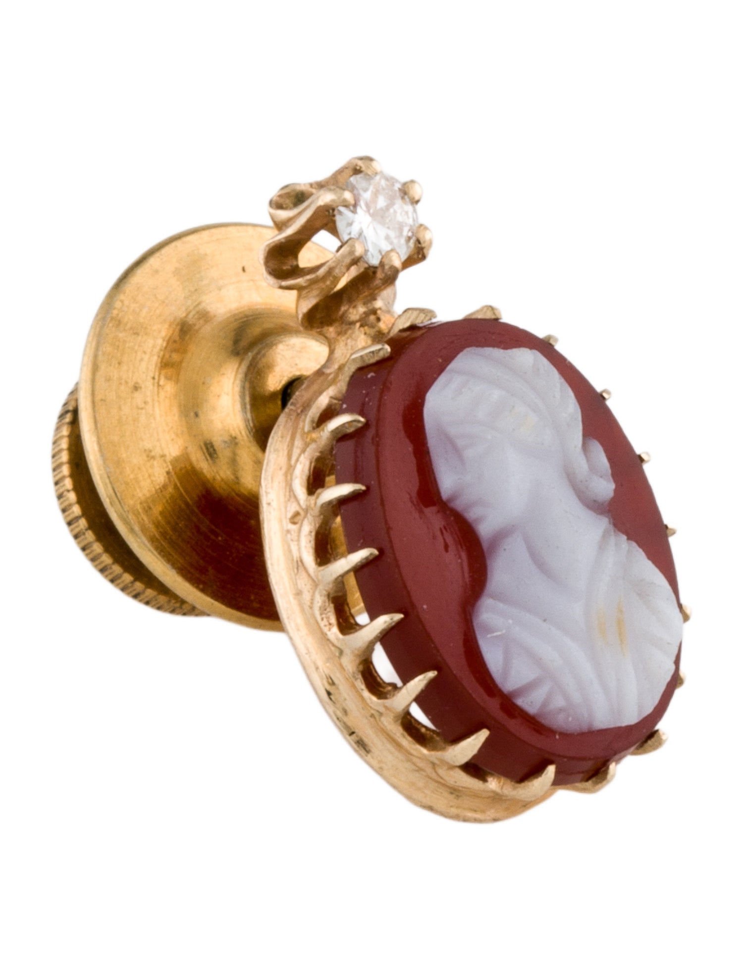 Brooch 14K Carnelian Cameo & Diamond Lapel Pin