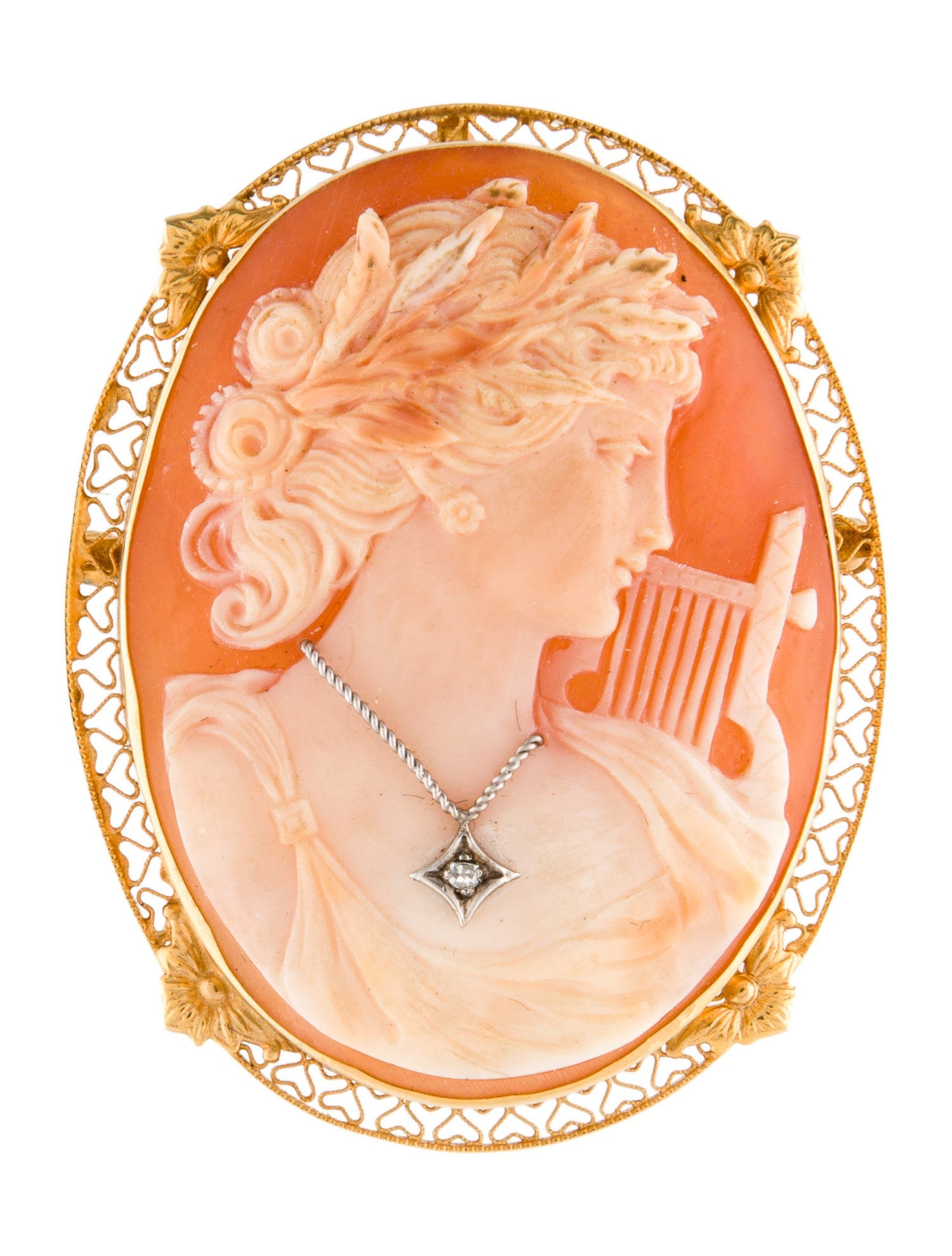 Brooch 14K Shell & Diamond Accented Cameo