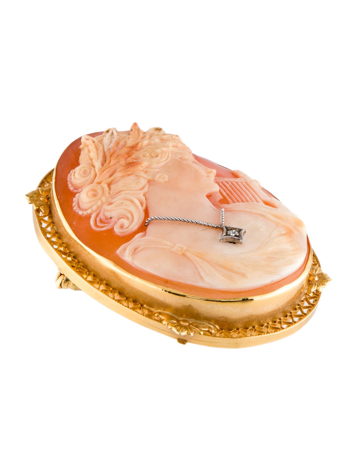 Brooch 14K Shell & Diamond Accented Cameo