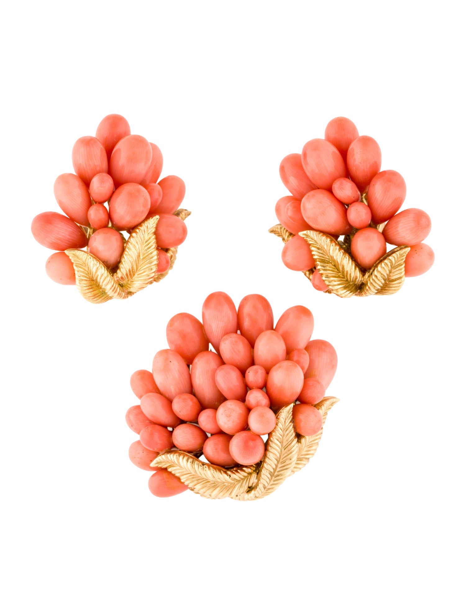 Brooch Phillip Bloch 18k Coral Dress Clip and Earrings Set