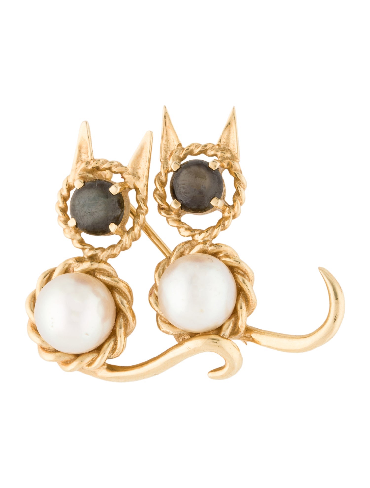 Brooch Vintage 18K Pearl & Star Sapphire Double Cat Brooch Pin
