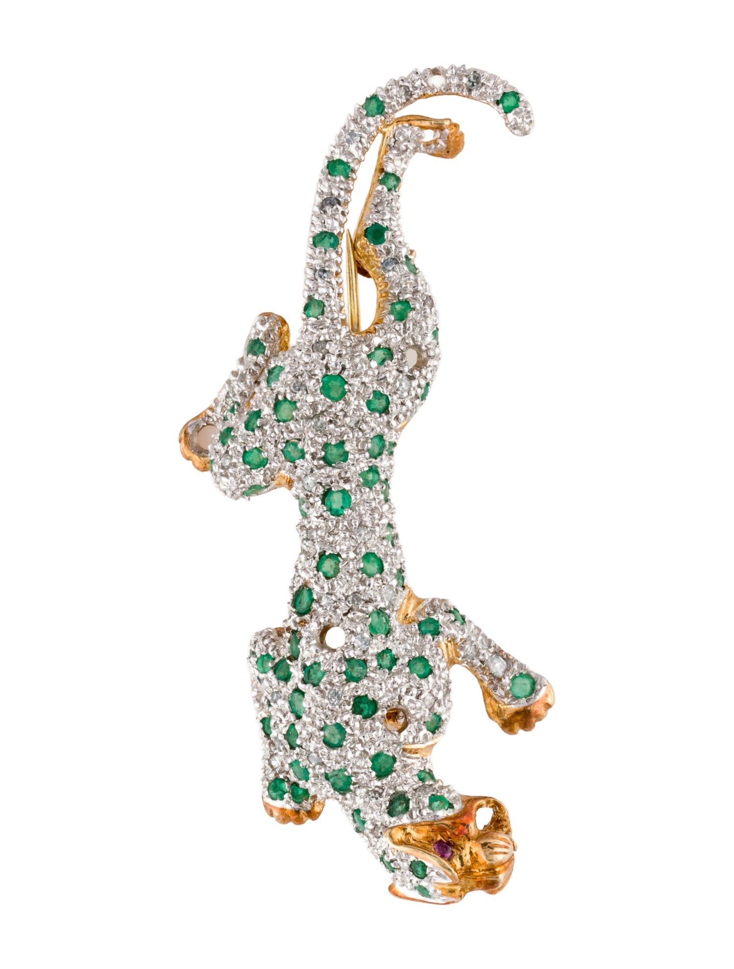 Brooch 14K Ruby, Tsavorite & Diamond Panther Pendant Pin