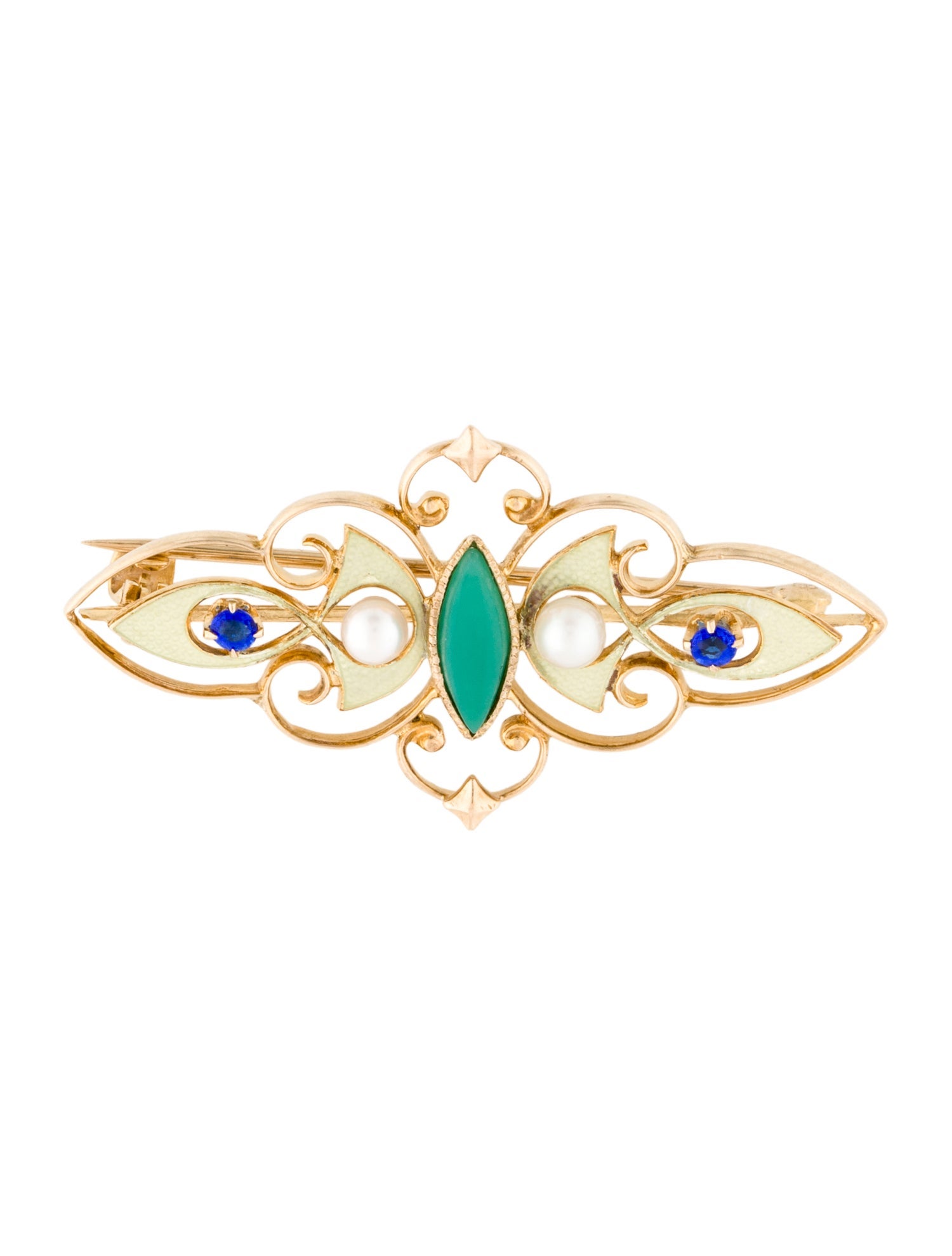 Brooch Vintage 10K Pearl, Chalcedony, Enamel & Glass