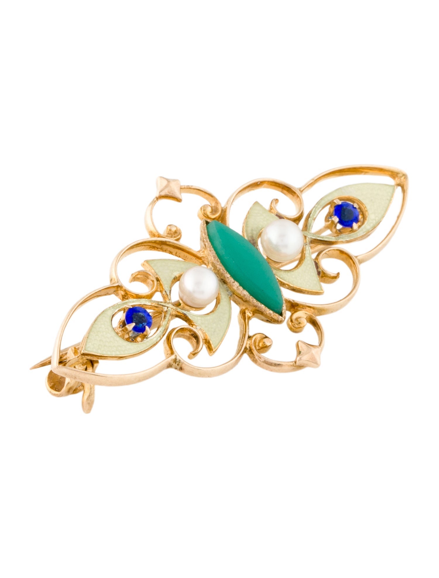 Brooch Vintage 10K Pearl, Chalcedony, Enamel & Glass