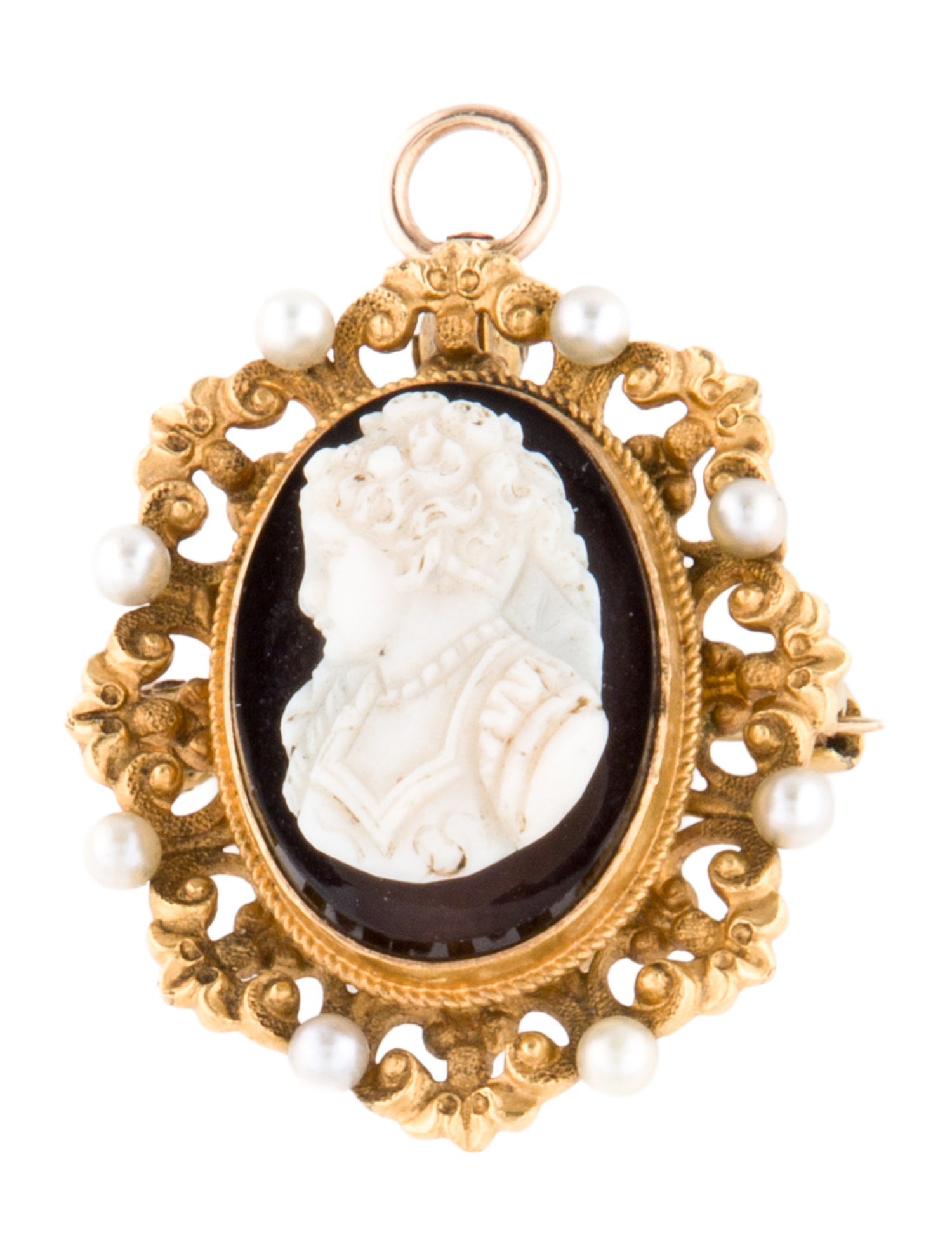 Brooch 22K Pearl & Onyx Cameo Pendant