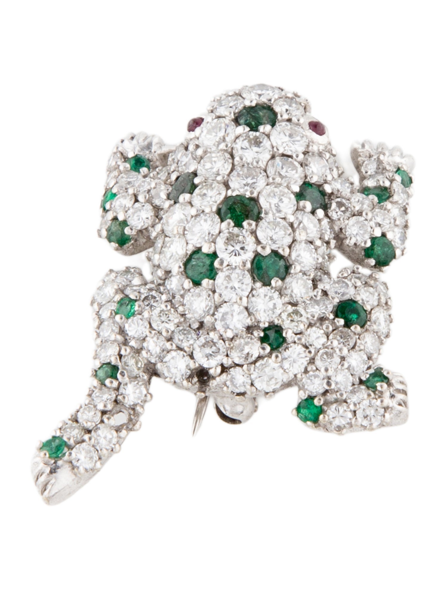 Brooch 18K 4.38ctw Diamond. Emerald & Ruby Frog Pin