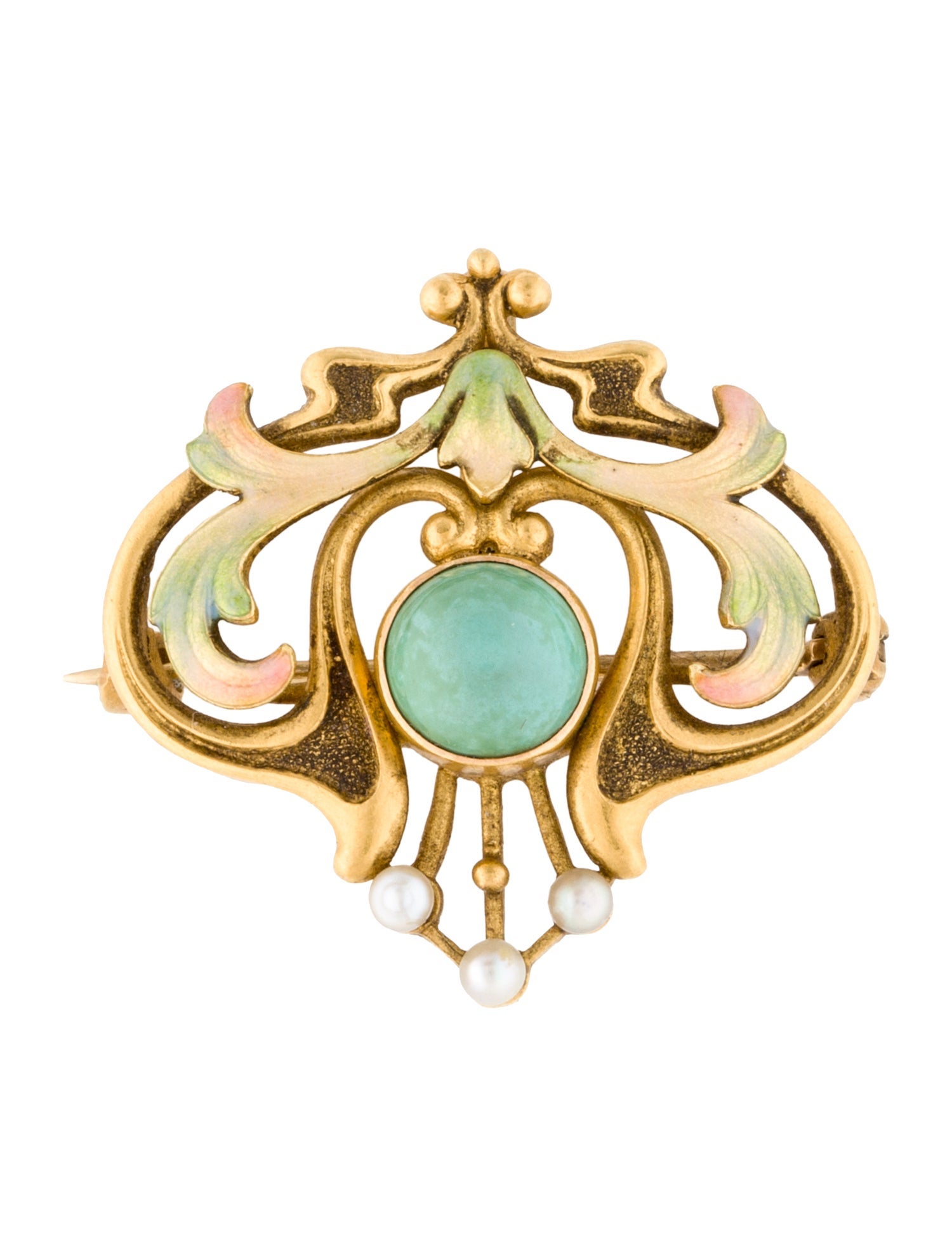 Brooch Art Nouveau 22K Pearl, 1.00ct Turquoise & Enamel Pin