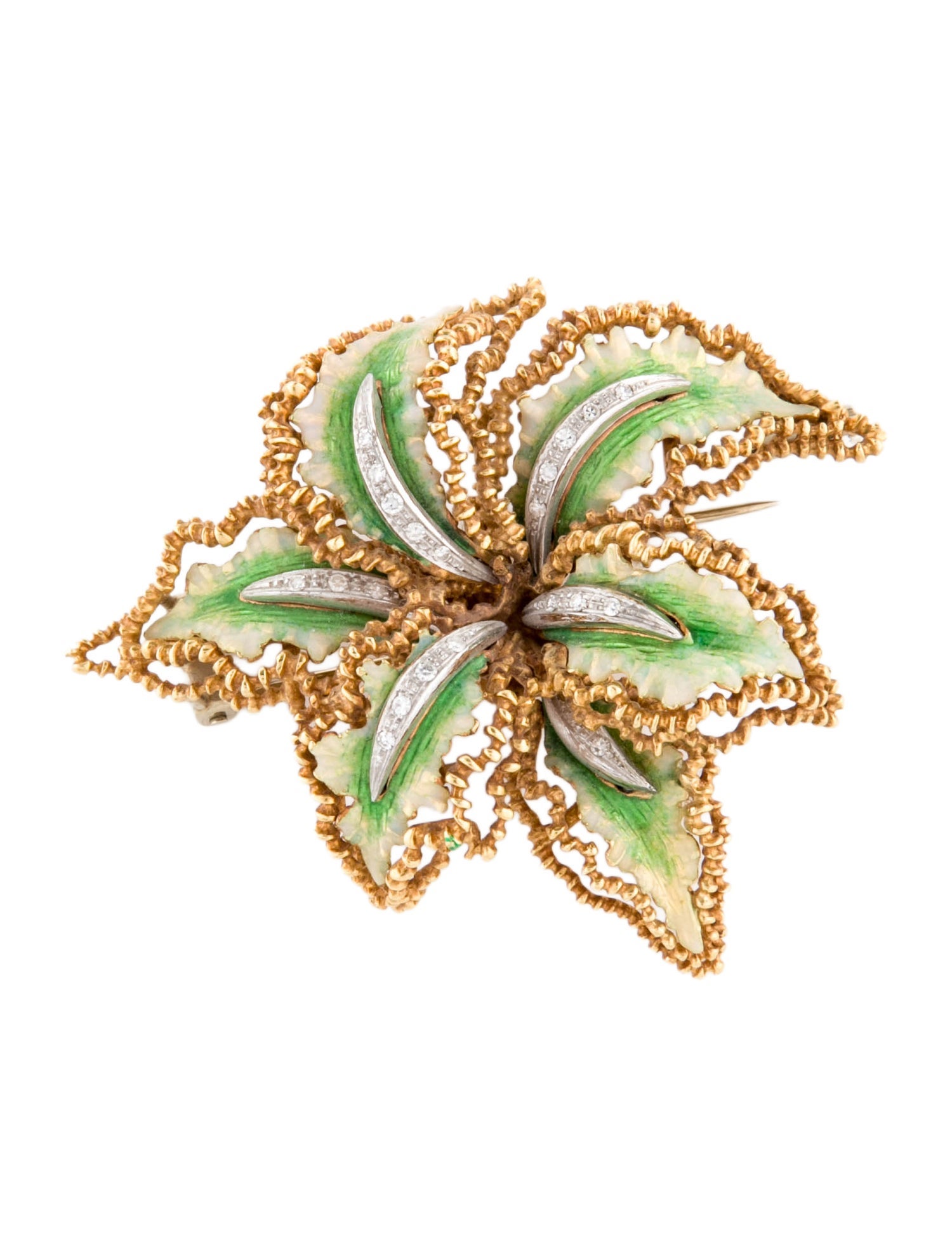 Brooch 18K Enamel & Diamond Flower