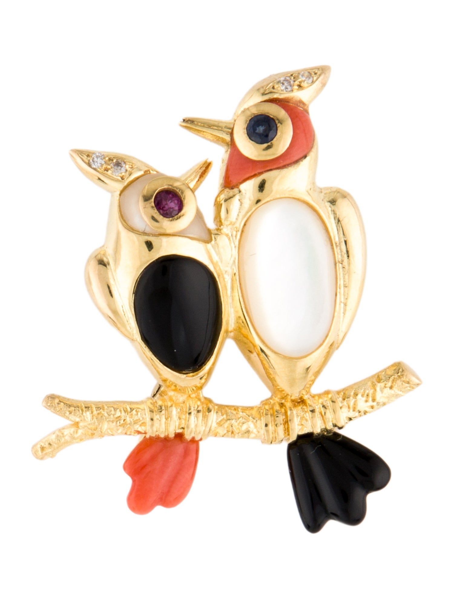 Brooch 18K Mother Of Pearl, Coral, Diamond & Multistone Bird