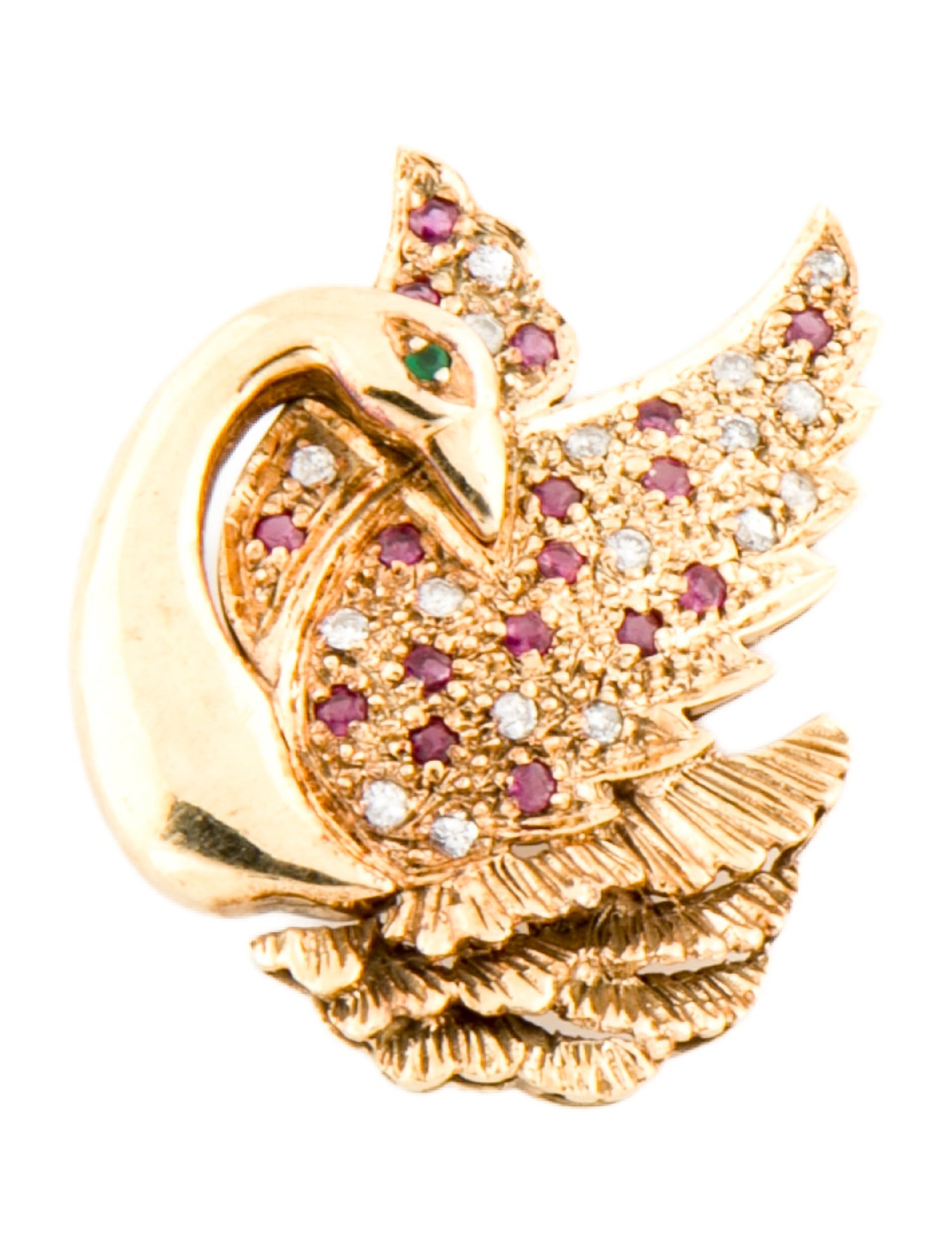 Brooch 14K Diamond, Ruby & Emerald Bird