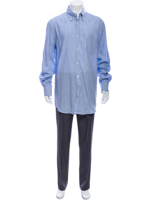 Brunello Cucinelli Linen Striped Dress Shirt Blue